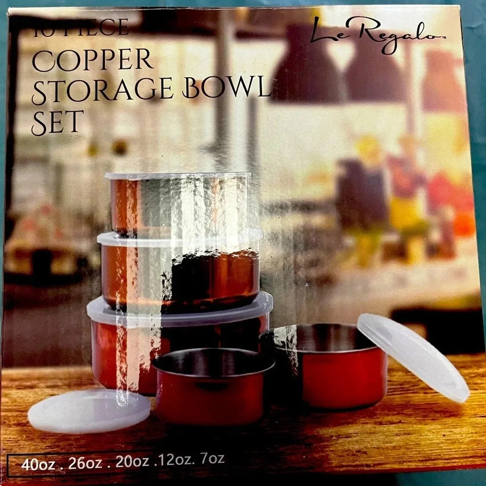 Le Regalo 10 Piece Copper Storage Bowl Set 5 bowls/ 5 lids various sizes NIB